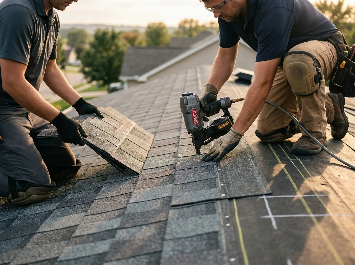 Professional roofer working on a residential roof in Carver
